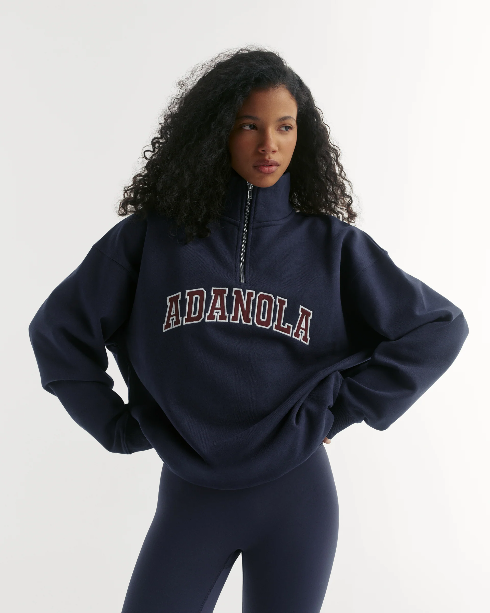 Varsity Relaxed Funnel Neck Zip Sweatshirt - Navy Blue/Mulberry Red
