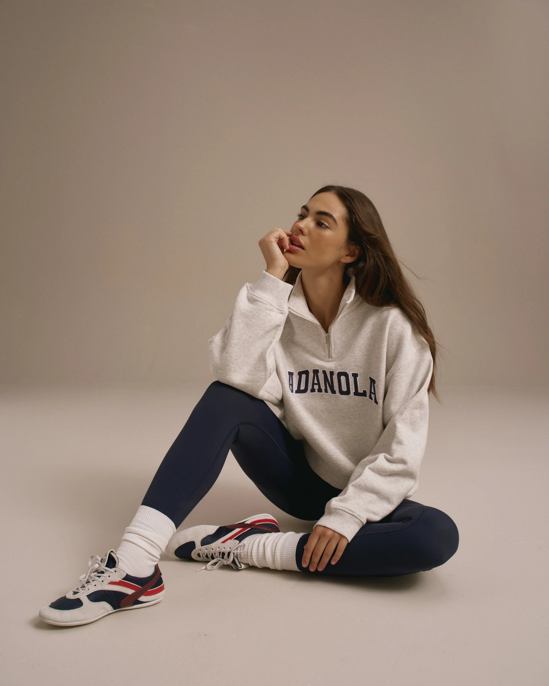 Varsity Relaxed Funnel Neck Zip Sweatshirt - Light Grey Melange/Navy Blue