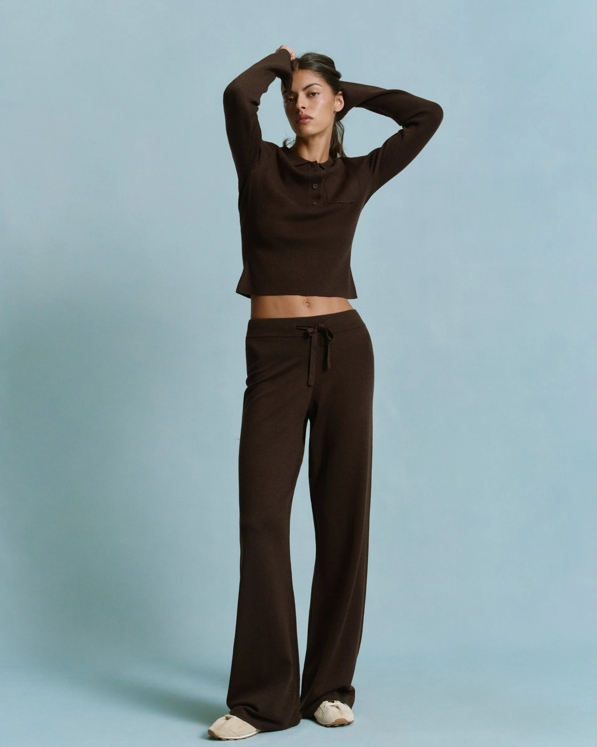 Knit Long Sleeve Button Up Top - Coffee Bean