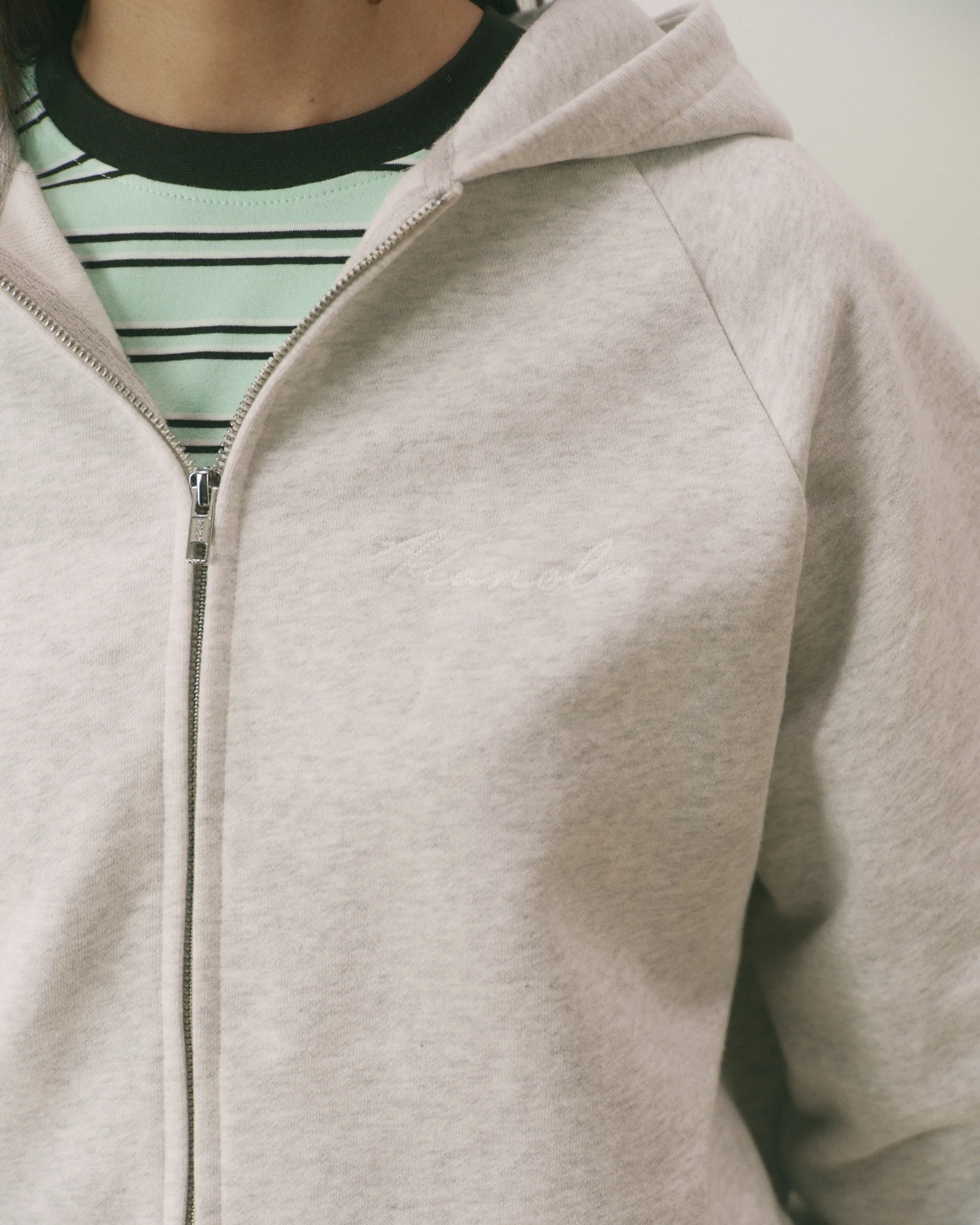Signature Loose Fit Zip Through Hoodie - Light Grey Melange/Marshmallow White