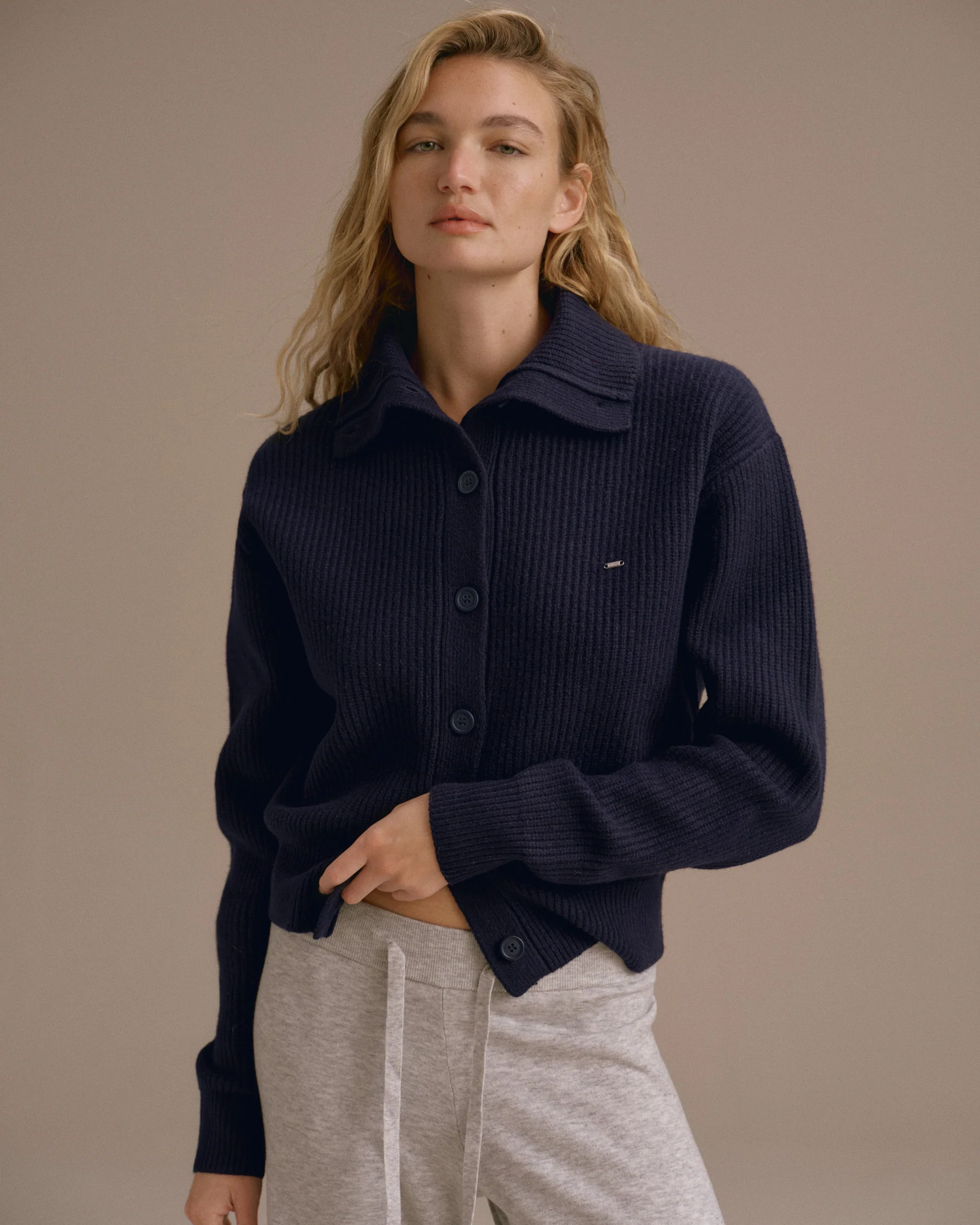 Knit Collar Cardigan - Navy Blue