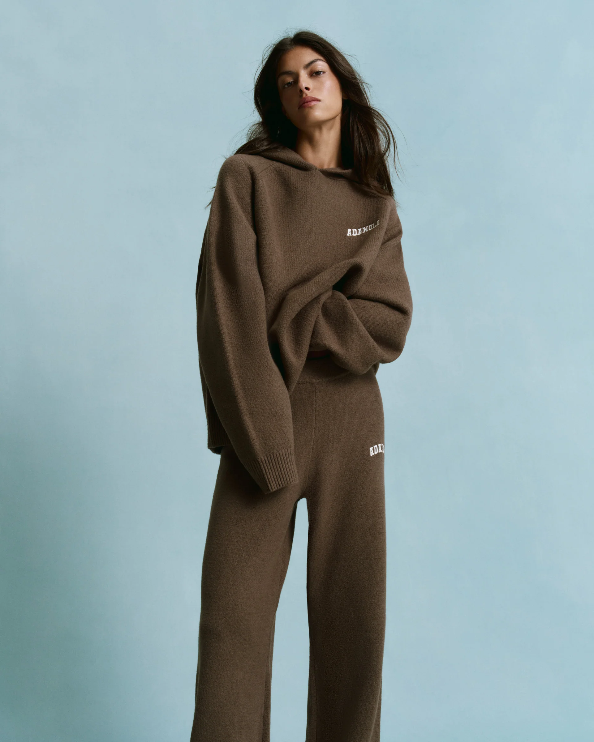 Chest Varsity Oversized Knit Hoodie - Dark Cocoa Brown/Marshmallow White