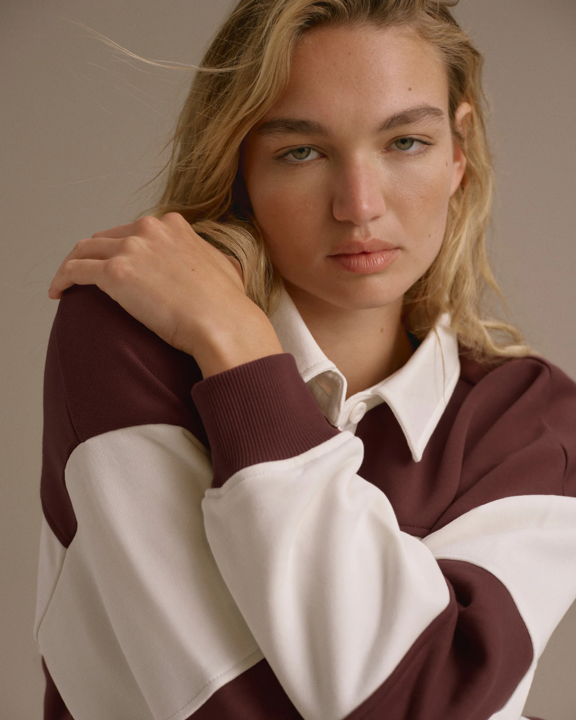Stripe Oversized Henley Sweatshirt - Burgundy/Marshmallow White