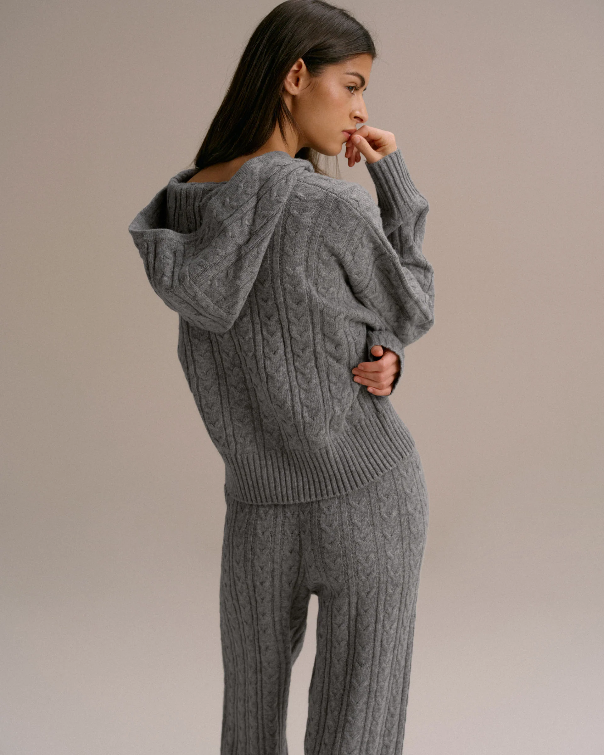 Cable Knit Zip Hoodie - Dark Grey Melange