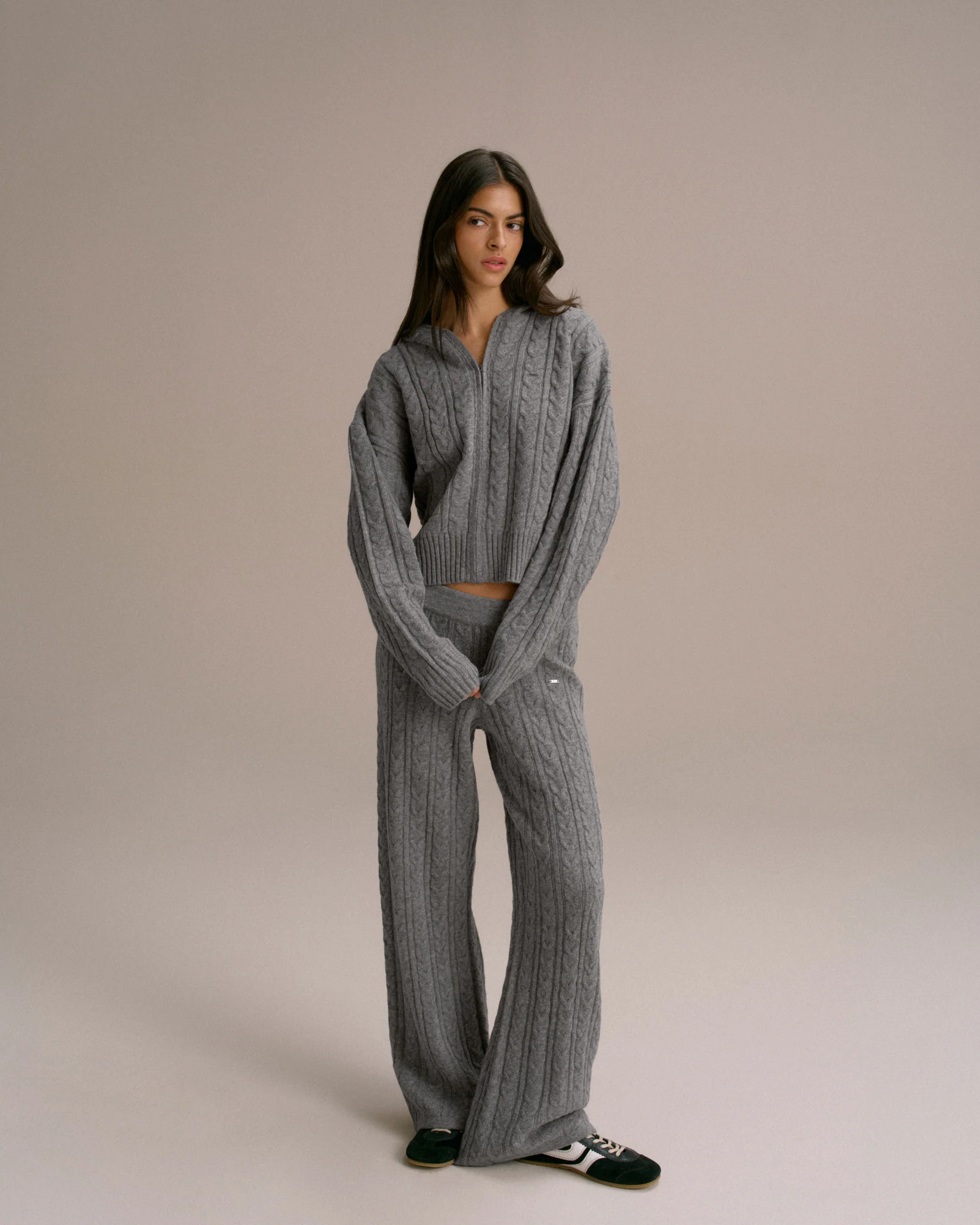 Cable Knit Zip Hoodie - Dark Grey Melange