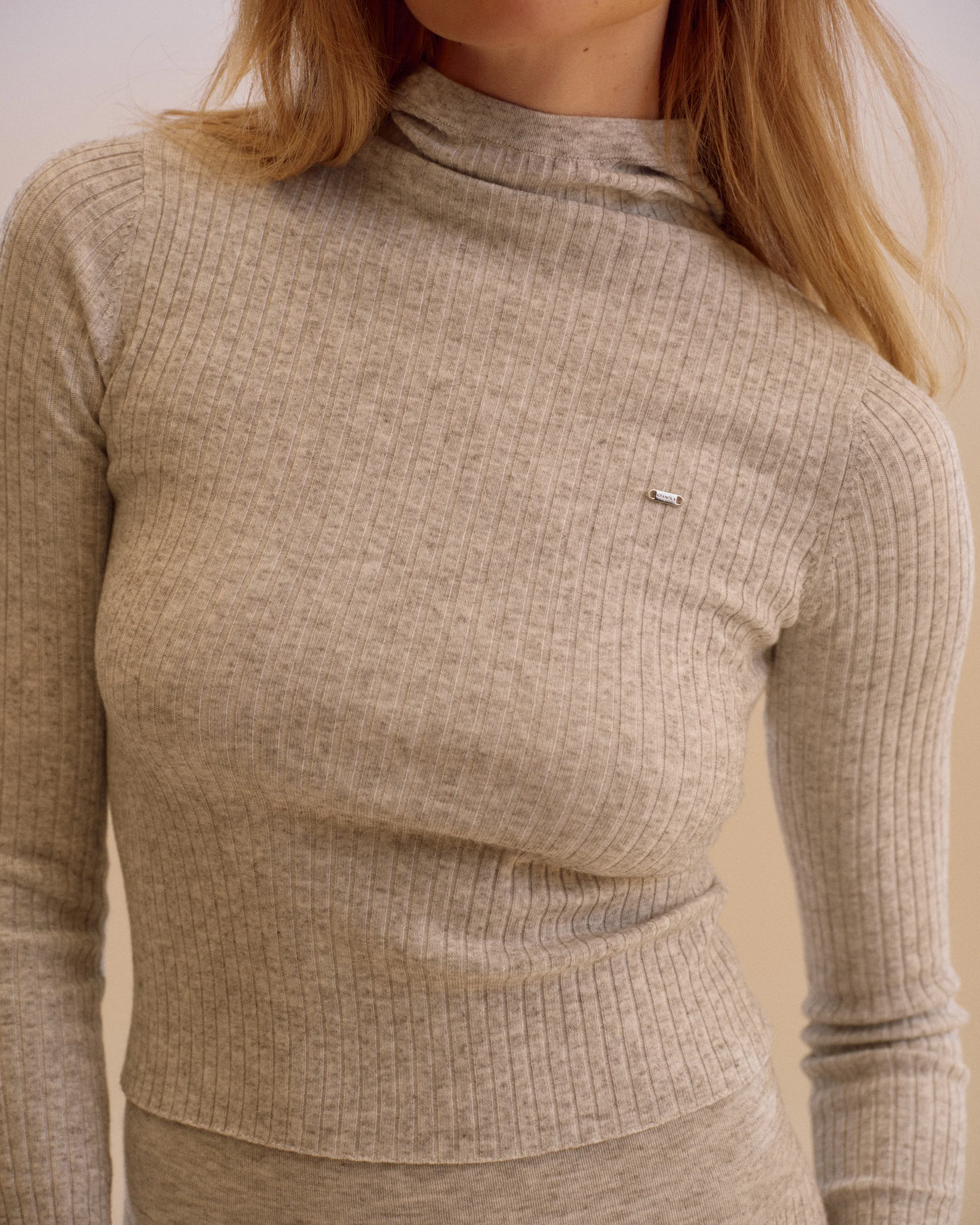 Rib Knit Merino Blend Hooded Top - Light Grey Melange