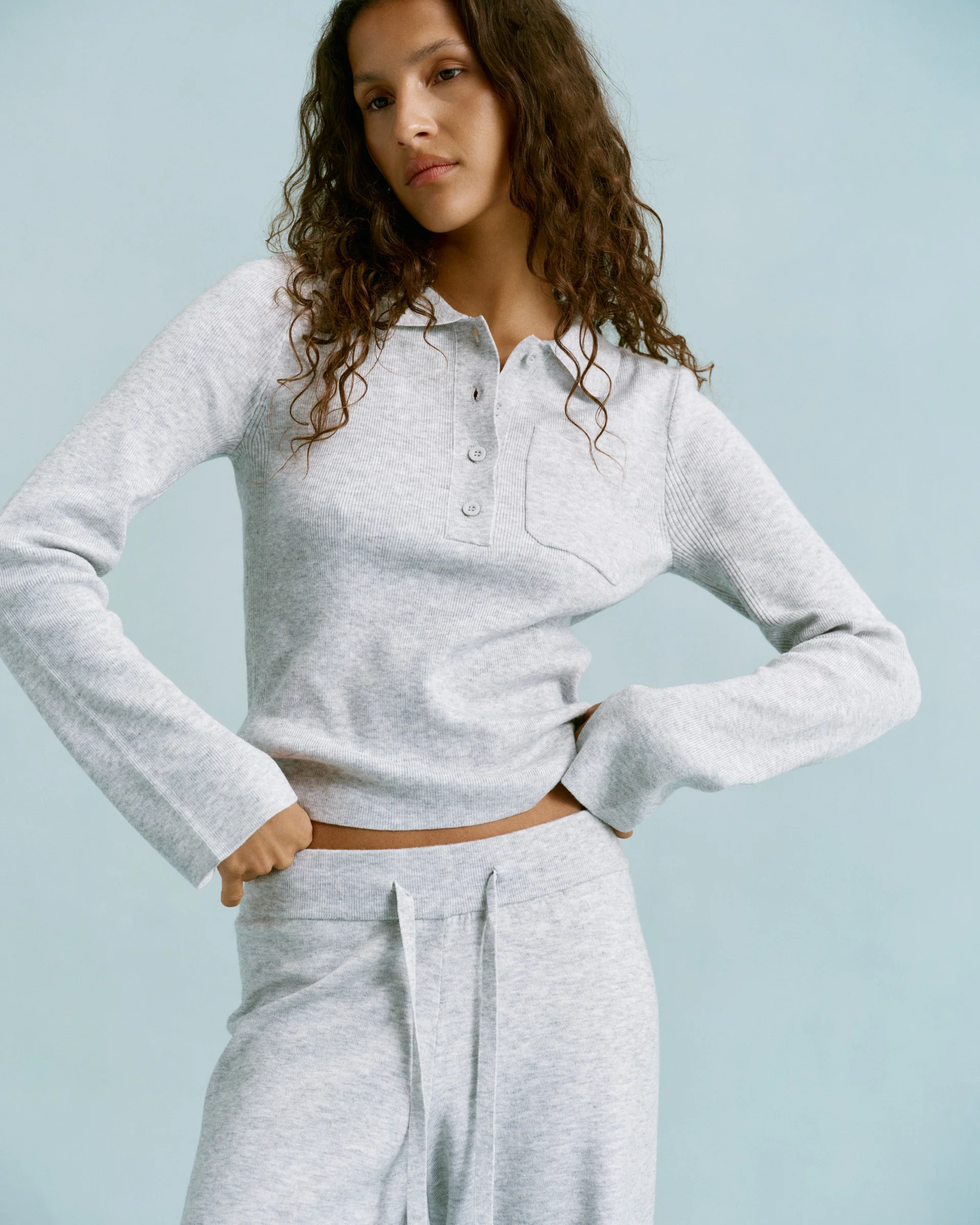 318-knit-long-sleeve-button-up-top-light-grey-melange-1.webp Knit Long Sleeve Button Up Top - Light Grey Melange