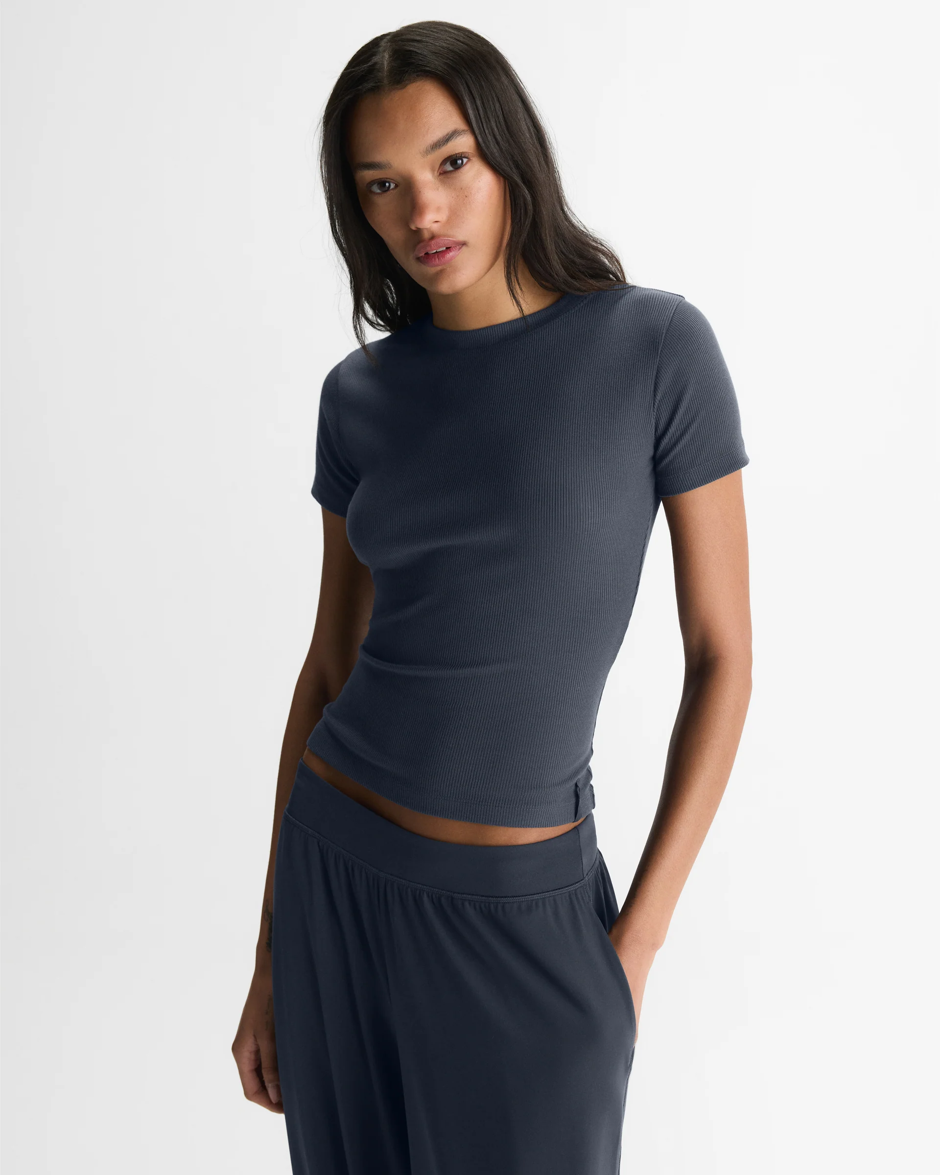 Soft Modal Rib Short Sleeve Top - Midnight Blue