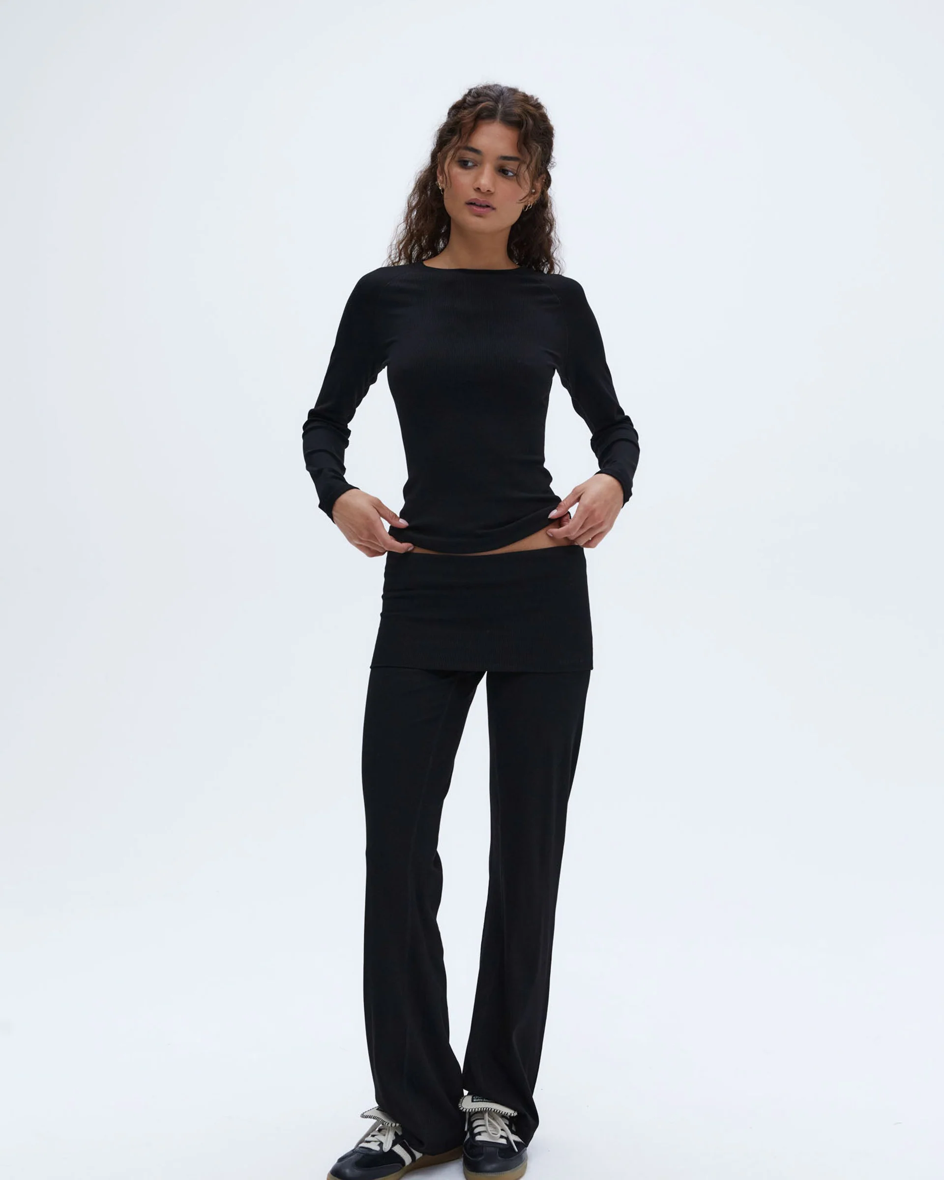 Rib Fold Over Pants - Black