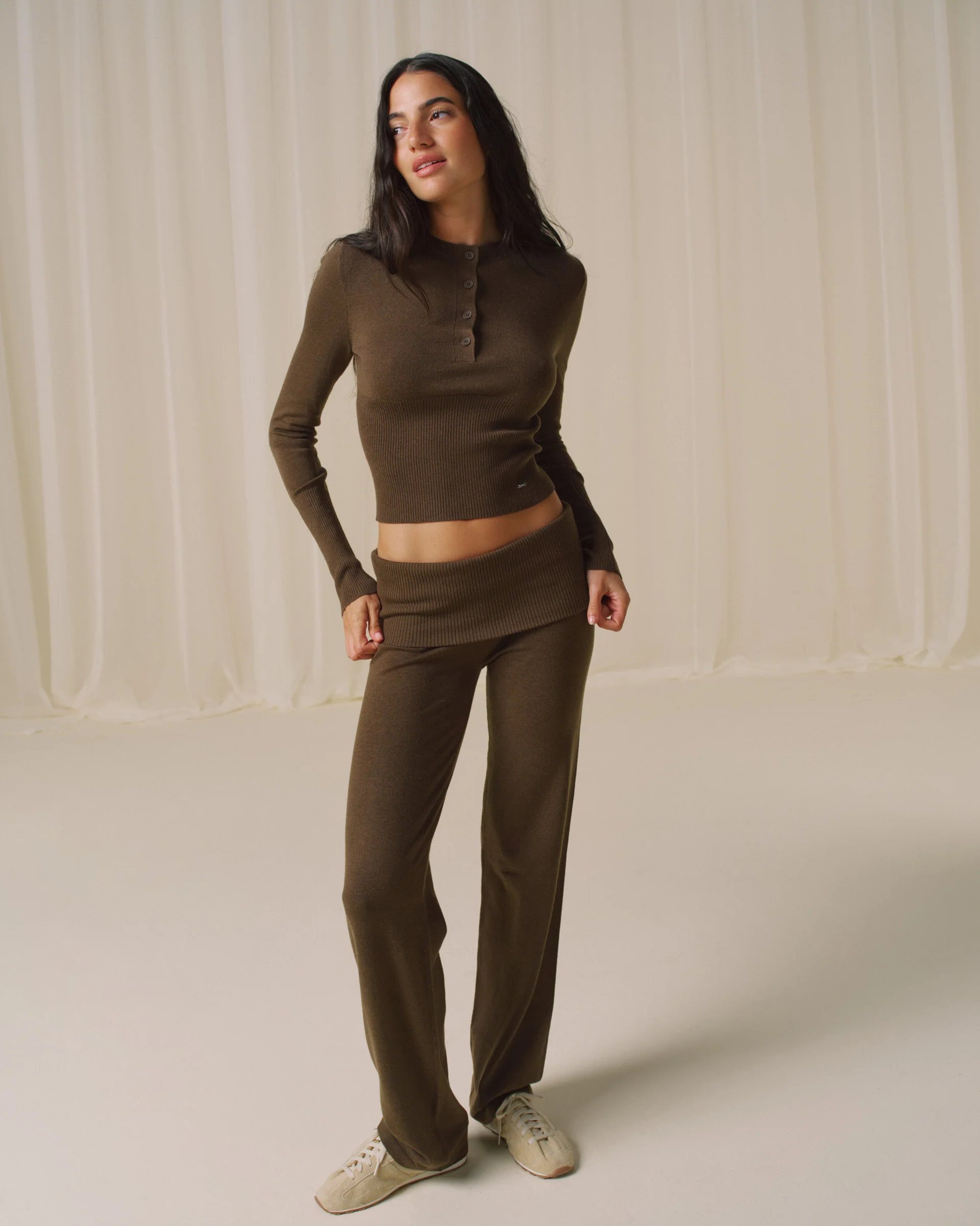 Knit Button Up Top - Dark Mocha Brown