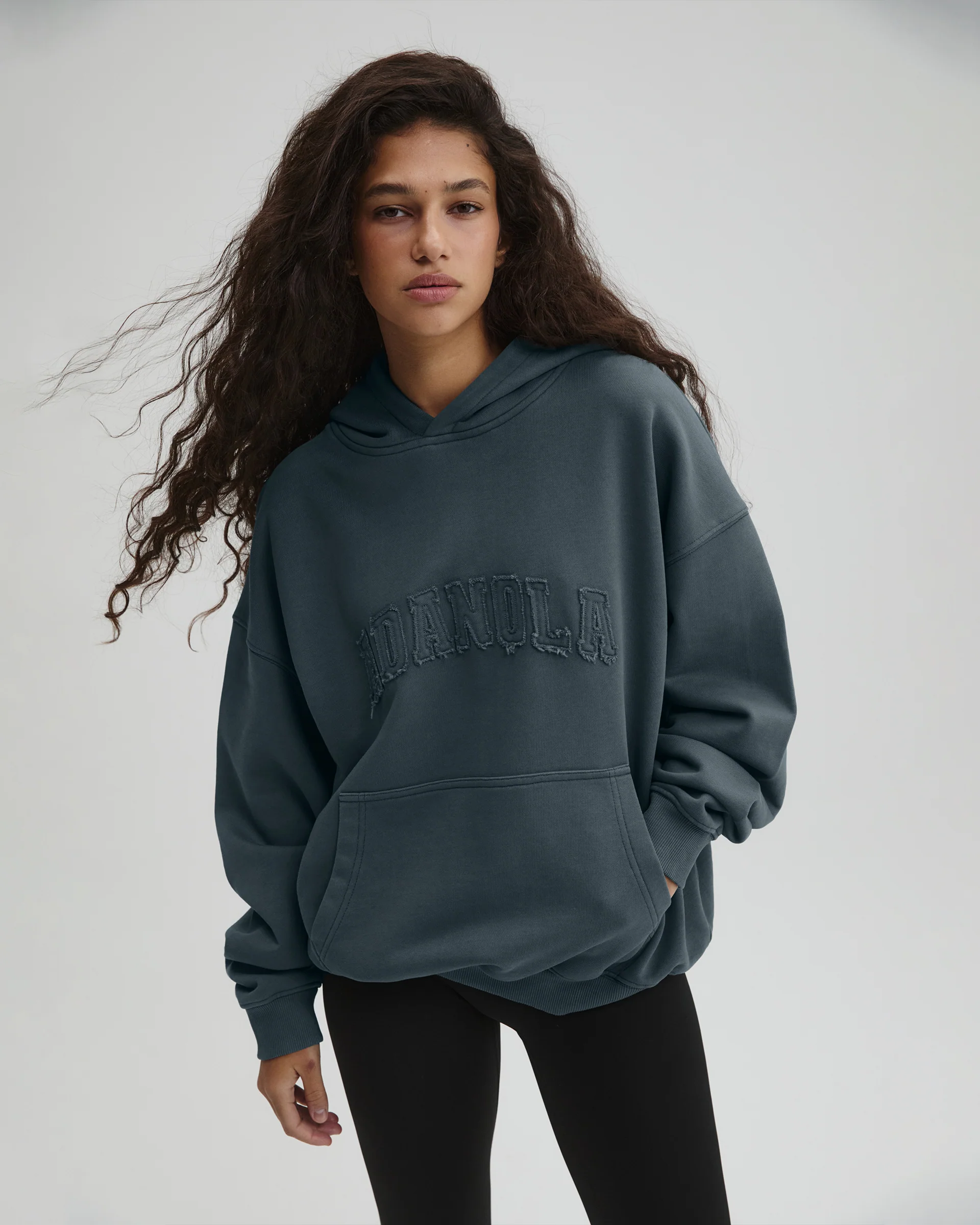 Distressed Varsity Washed Oversized Hoodie - Storm Blue