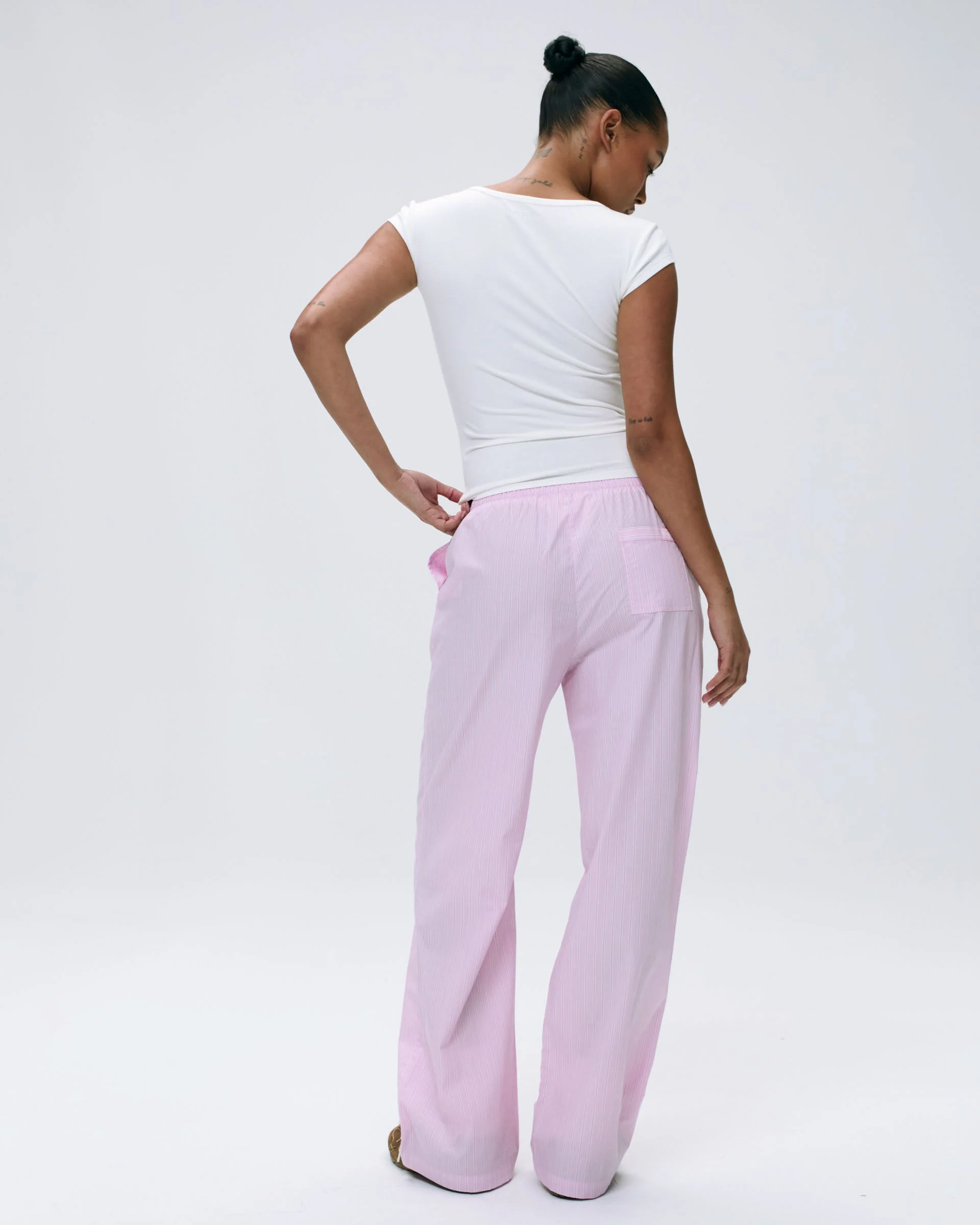 Cotton Stripe Pull On Pants - Pink/White