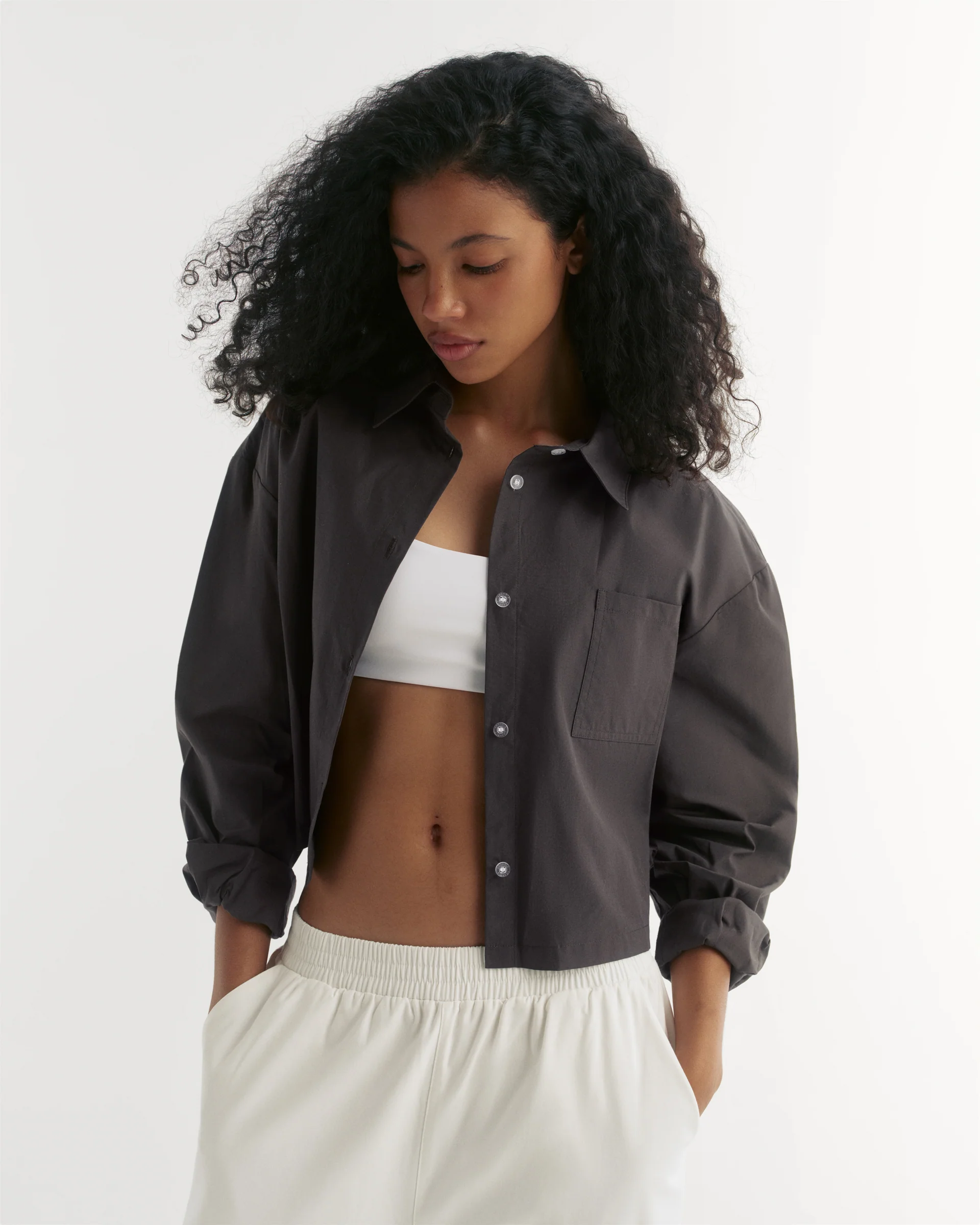 Cotton Cropped Shirt - Coffee Bean