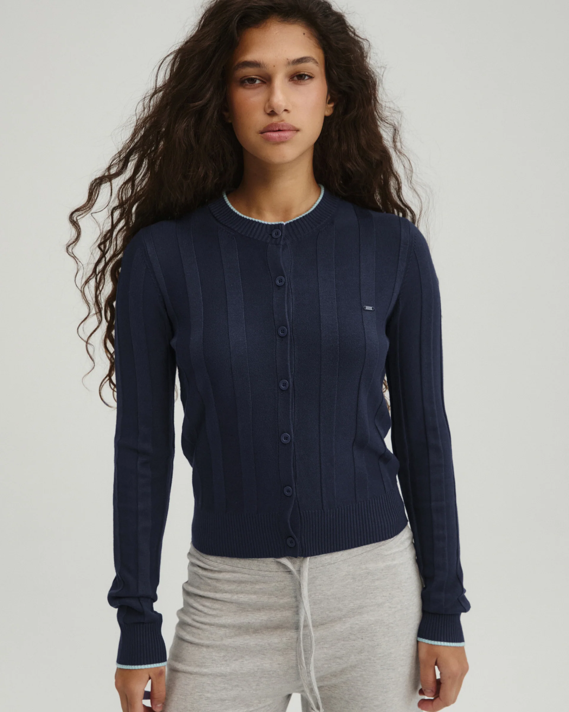 Rib Knit Contrast Tipping Cardigan - Navy Blue/Ocean Blue