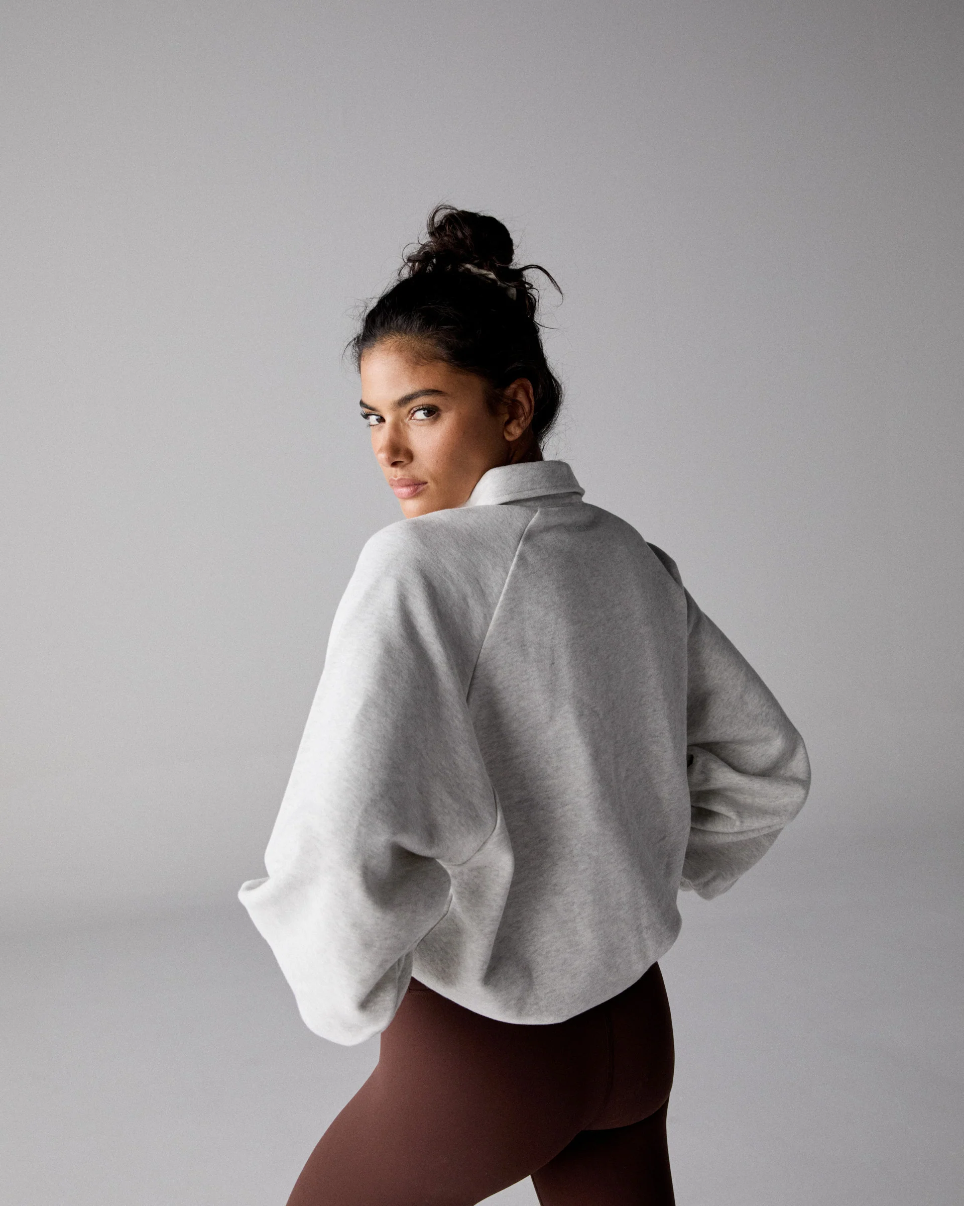 Slouchy Button Up Sweatshirt - Light Grey Melange