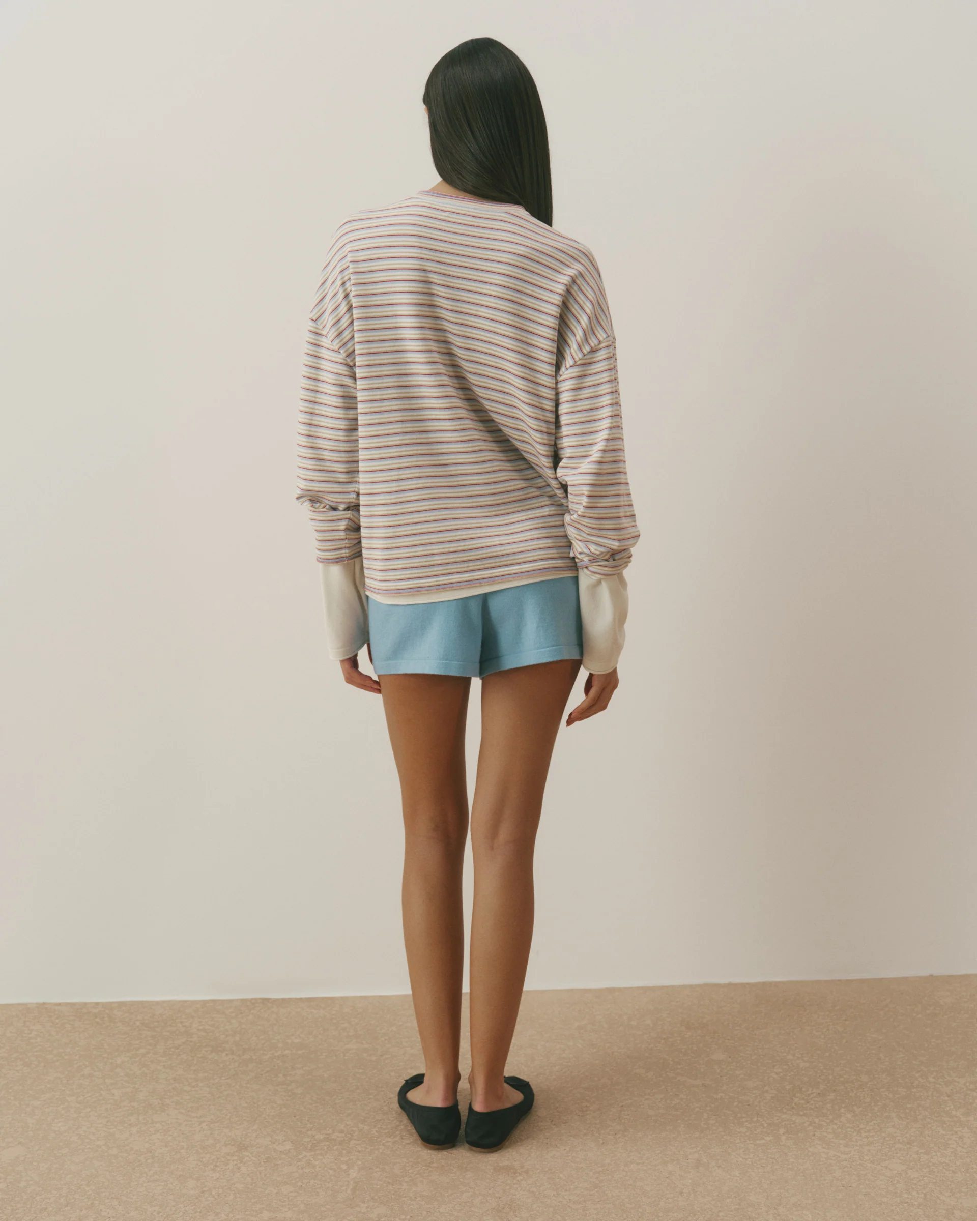 Varsity Knit Roll Hem Stripe Sweatshirt - Marshmallow White