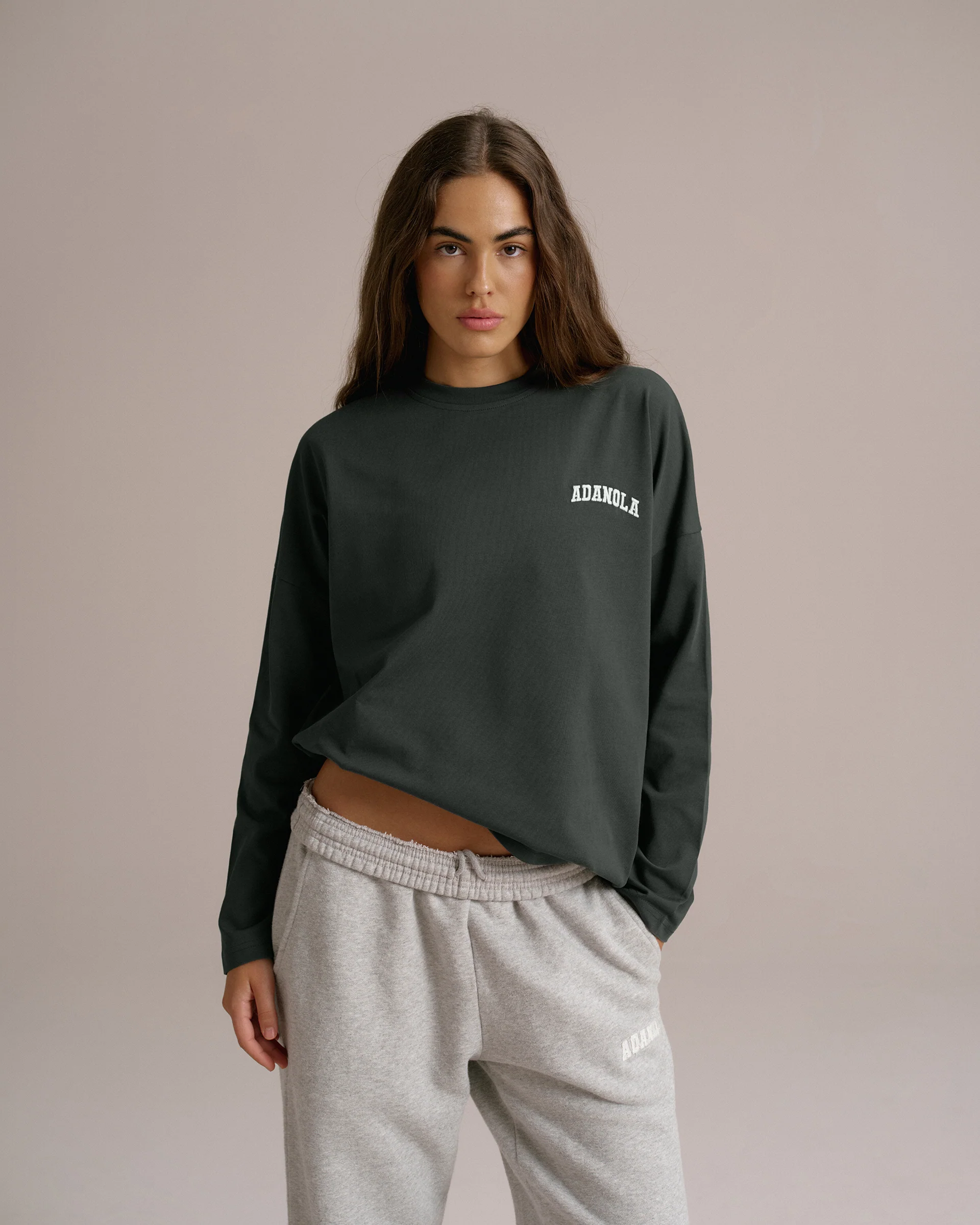 Varsity Long Sleeve Drop Shoulder T-shirt - Moss Green/Marshmallow White