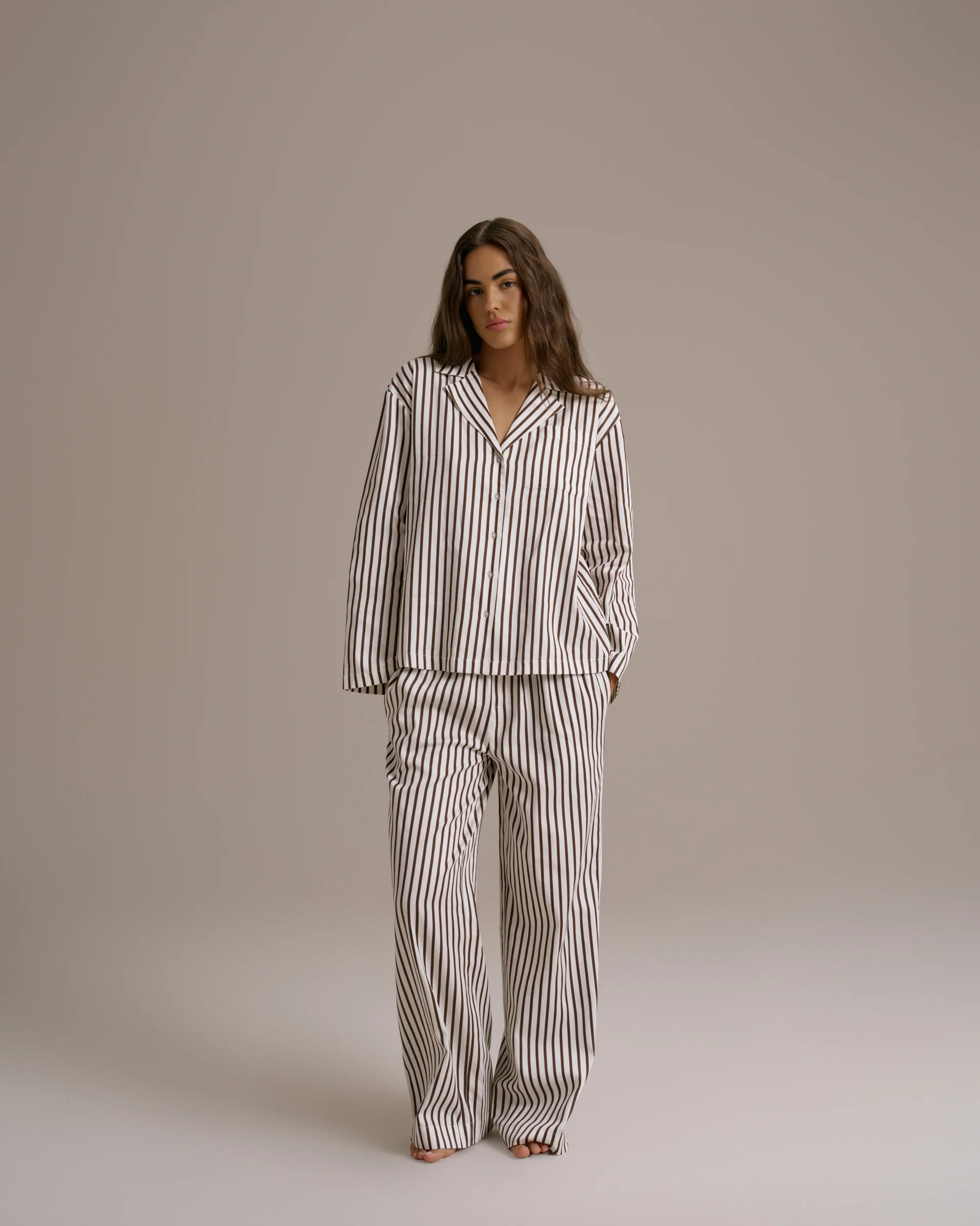 Cotton Sateen Stripe Pyjamas - Marshmallow White/Coffee Bean